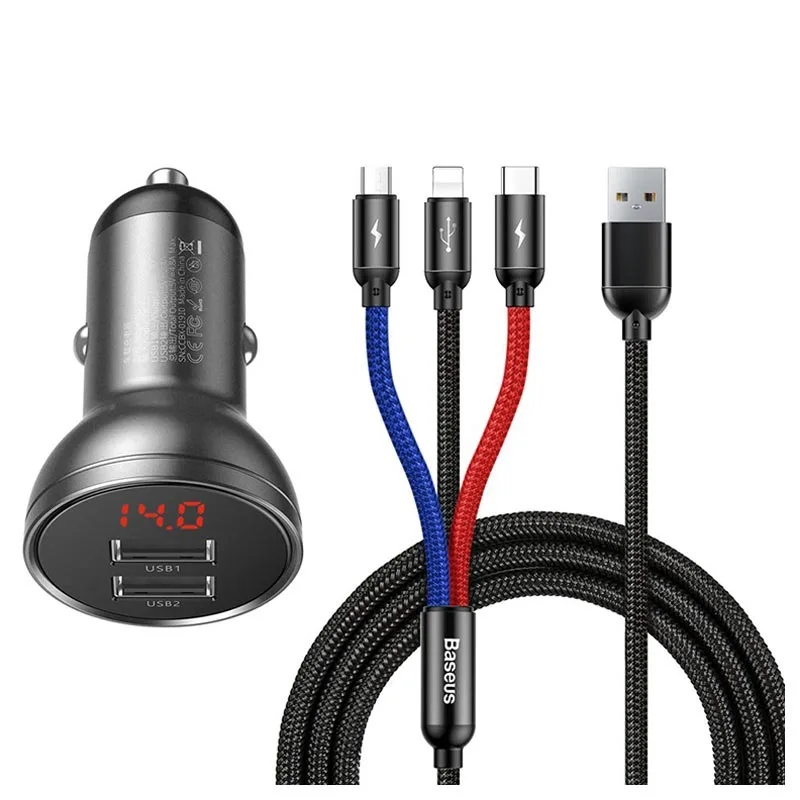 Baseus Car Charger Dual USB 4.8A 24W  With Three in one Cable 1m TZCCBX-0G