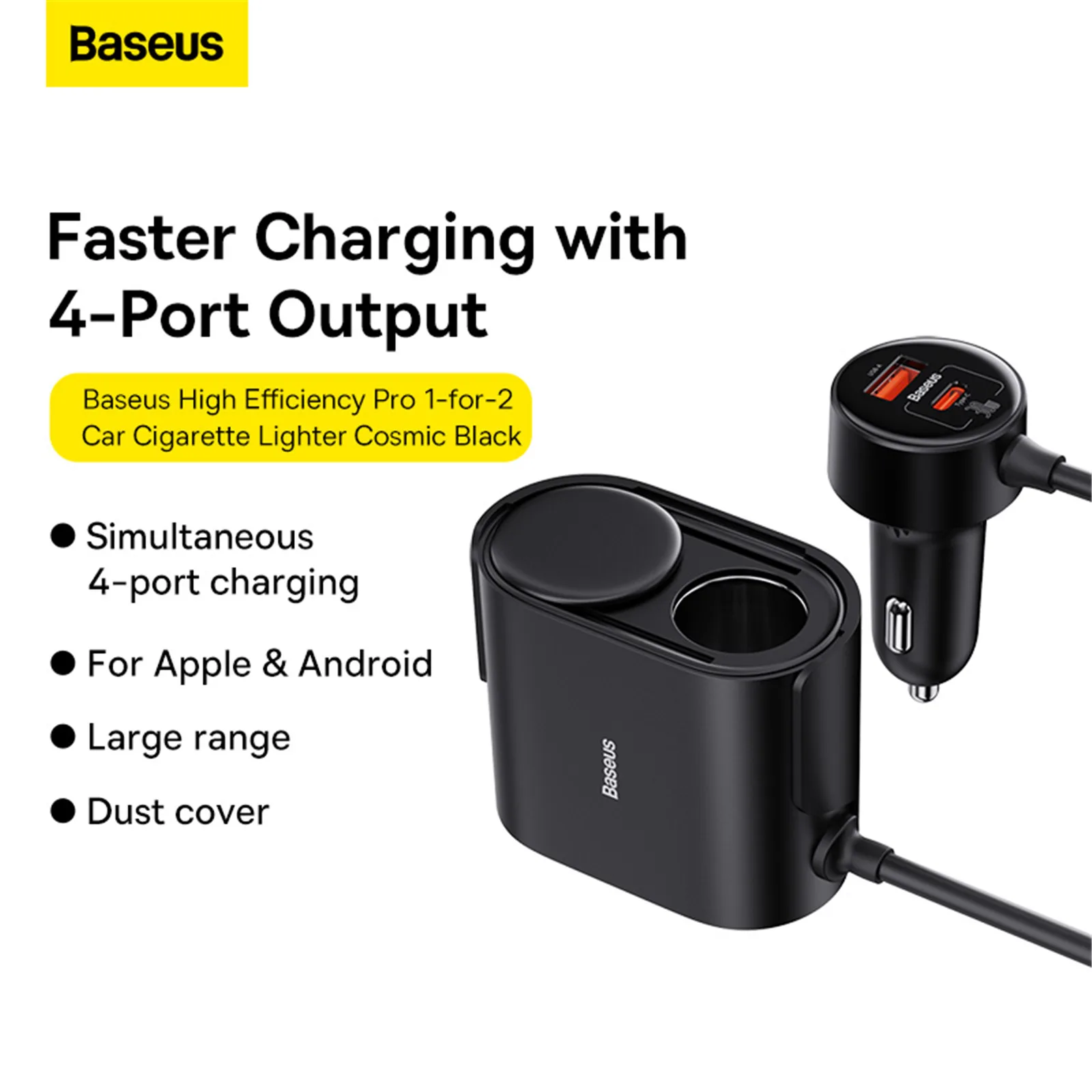 Baseus Car Charger High Efficiency Pro 1-for-2 Car Charging port With 30W USB C USB A port – Cosmic Black C00455300121-00