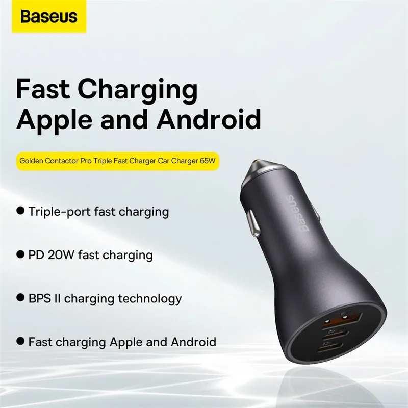 Baseus Car Charger 65W 2x Type-C 1x USB A Golden Contactor Pro Triple Fast Charger Car Charger 65W Dark Gray CGJP010013